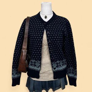 vintage 90s blue fair isle cozy cottagecore granola wool blend cardigan